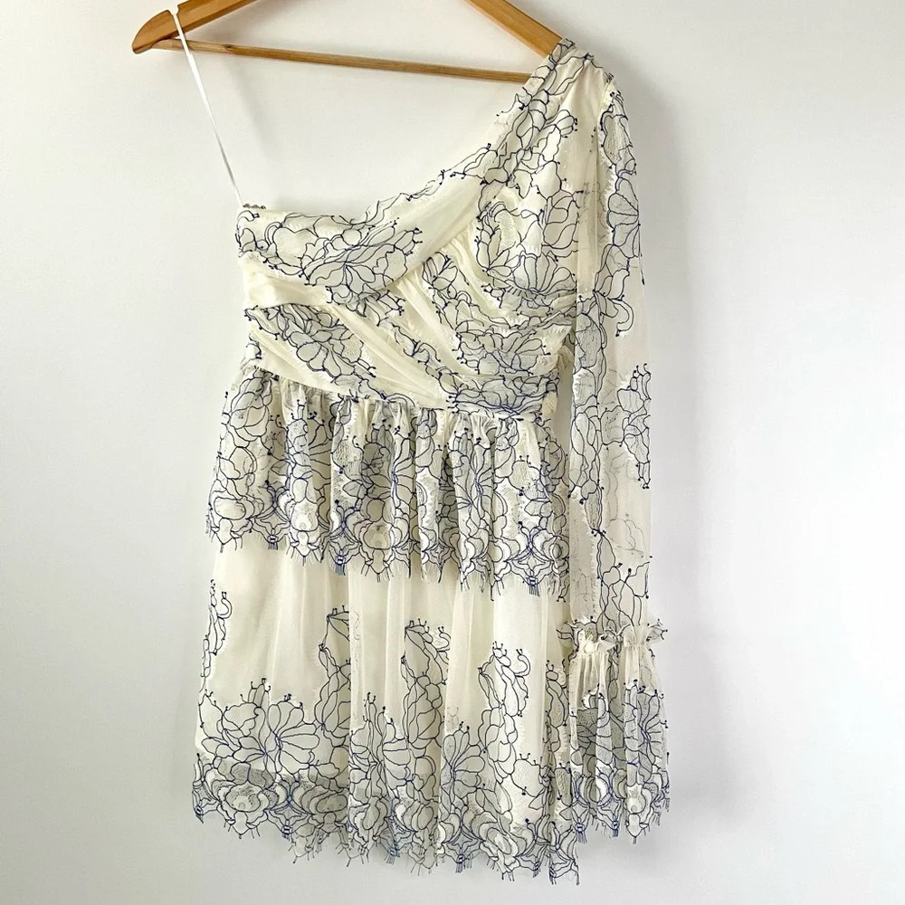 ALICE MCCALL || Isn’t She Lovely Blue and Cream Lace One Shoulder Mini Dress 2 - Picture 11 of 13